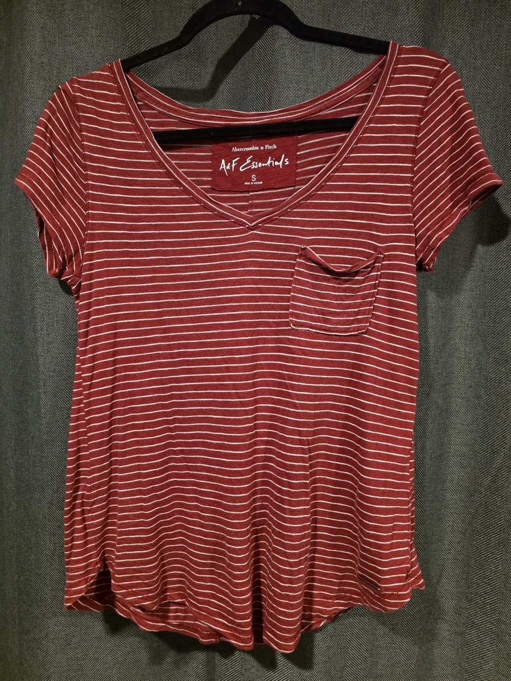 A&F Essentials Women's Red Striped V-Neck Pocket Tee